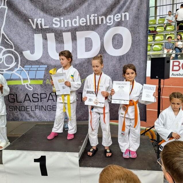 Sechs Kinder in Judogis stehen auf einem Siegerpodest und halten ihre Urkunden und Medaillen nach einem Turnier.