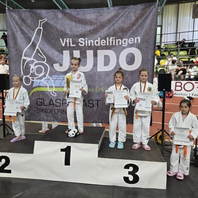 Sechs junge Judoka stehen auf dem Podium, halten Urkunden und Medaillen, vor einem Banner des VfL Sindelfingen Judo.