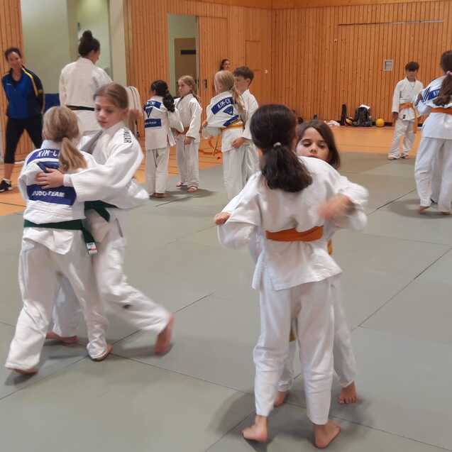 Gruppentraining von Kindern in Judoanz&uuml;gen, die in einem Sportraum an Techniken &uuml;ben.