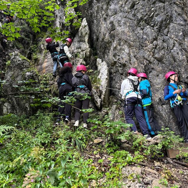 Gruppe von Kletterern mit Helmen folgt einer Felswand in einem bewaldeten Gebiet.