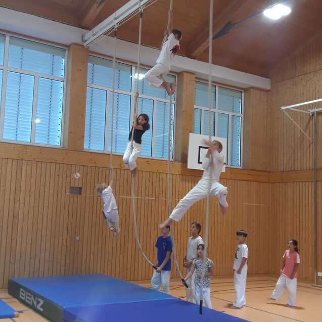 Mehrere Kinder &uuml;ben in einer Turnhalle an Reifen und einer Matte, einige h&auml;ngen, w&auml;hrend andere zusehen.