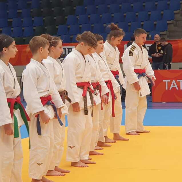 Gruppierung von acht Judoka in wei&szlig;en Anz&uuml;gen mit verschiedenen G&uuml;rtel-Farben auf einem Tatami w&auml;hrend einer Wettkampfveranstaltung.