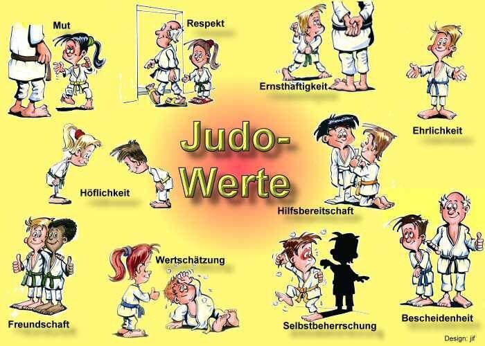 Grafik mit Cartoon-Charakteren, die Judo-Werte wie Respekt, Ehrlichkeit und Freundschaft darstellen. Hintergrund gelb.