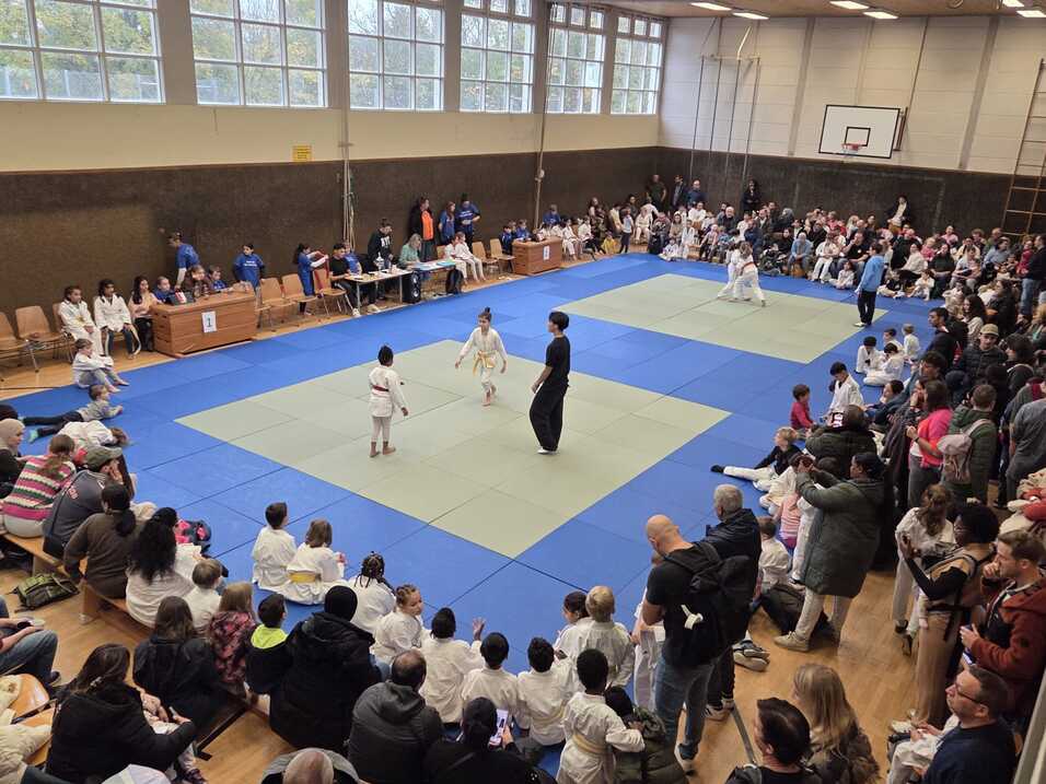 Sportliche Veranstaltung in einer Halle mit Zuschauern, Kämpfern auf blauer Matte und Wettkampfleiter in schwarzer Kleidung.