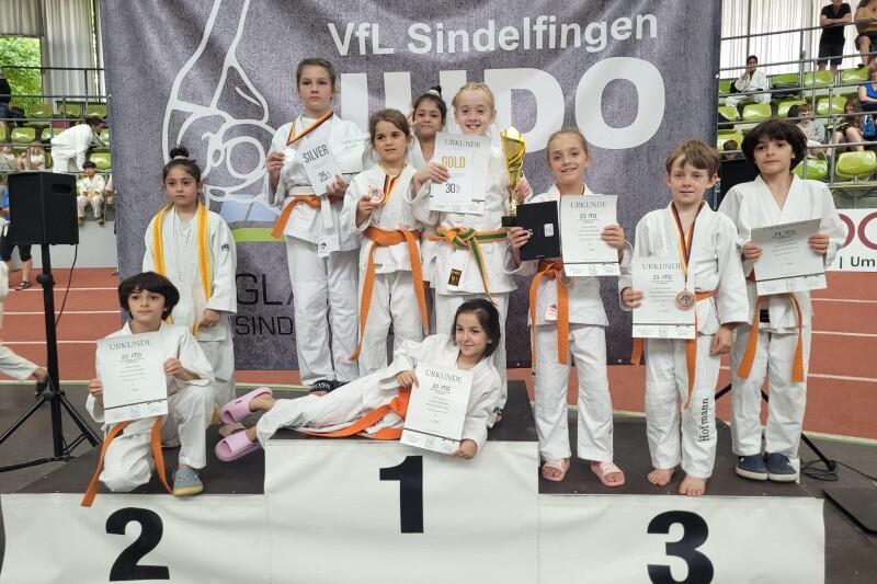 Gruppe von Kindern in bunten Judo-Anz&uuml;gen, die stolz Urkunden und eine Troph&auml;e auf dem Siegerpodest halten.