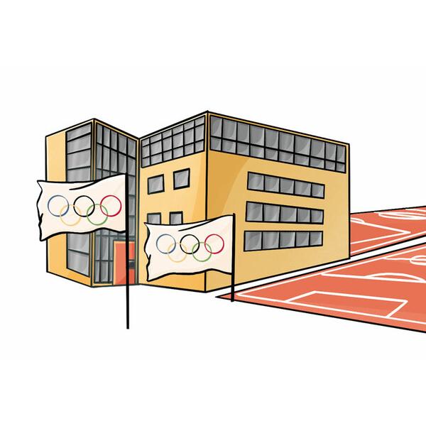 Illustration eines modernen Geb&auml;udes mit olympischen Flaggen vor einem Sportfeld.