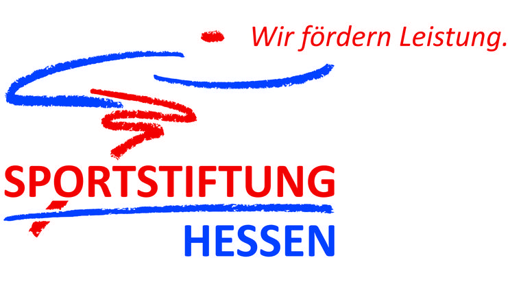 Logo der Sportstiftung Hessen mit Schriftzug &bdquo;Sportstiftung Hessen&ldquo; in Blau und dem Slogan &bdquo;Wir f&ouml;rdern Leistung&ldquo; in Rot.