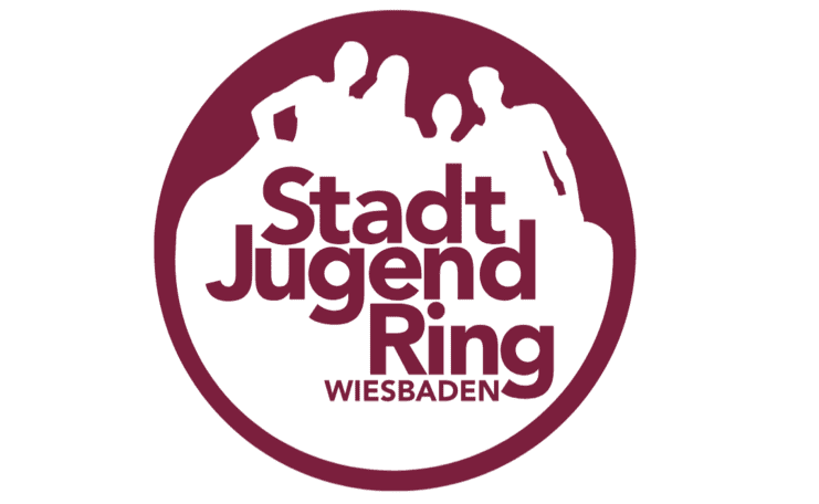 Logo des Stadtjugendrings Wiesbaden, stilisierte Silhouetten von Personen in einem roten Kreis, darunter der Schriftzug.