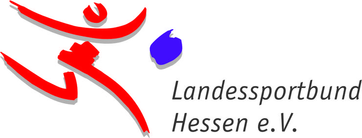 Logo des Landessportbundes Hessen e.V. mit stilisierter Sportfigur in Rot und Blau, Schriftzug darunter.