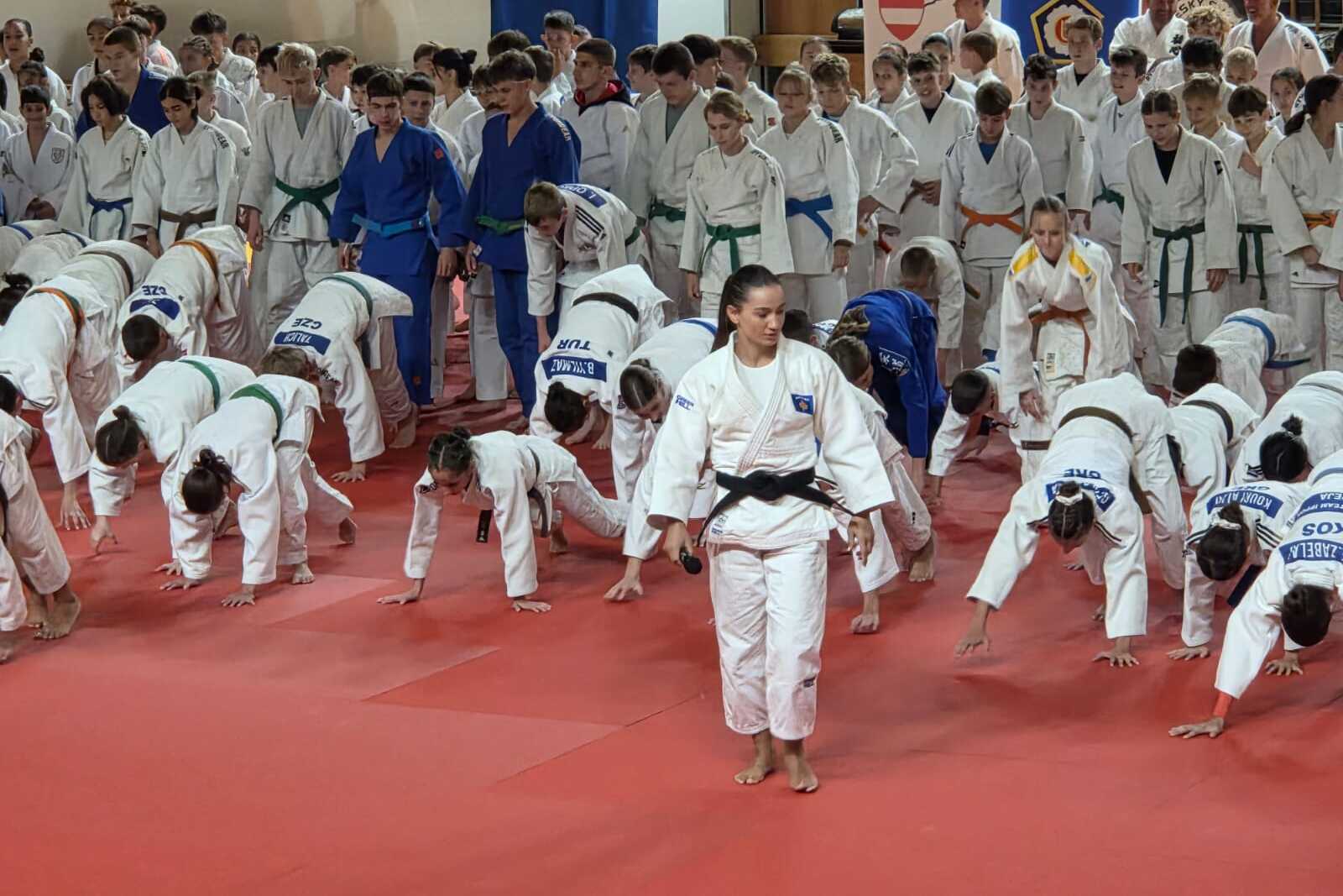 Gruppentraining im Judo mit vielen Teilnehmern in weißen und blauen Gis auf rotem Mattenboden.