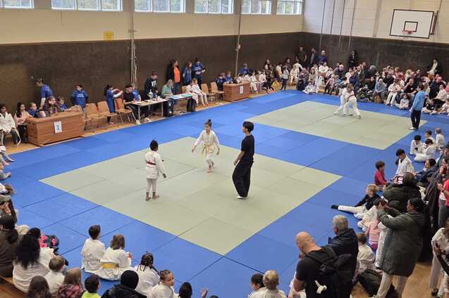 Judo-Wettkampf in einer Sporthalle mit Zuschauern und Athleten auf blauen Matten.