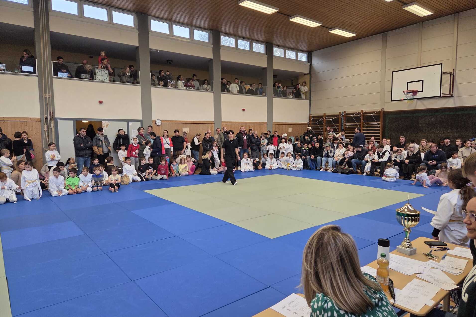 Blick auf eine Sportveranstaltung mit Zuschauern, die auf einer Matte im Vordergrund einem Kämpfer zusehen.