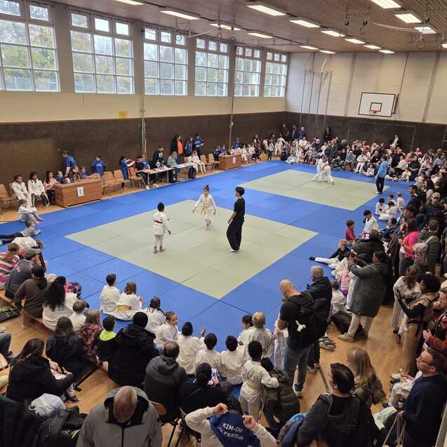 Judo-Wettkampf in einer Sporthalle mit Zuschauern und Athleten auf blauen Matten.