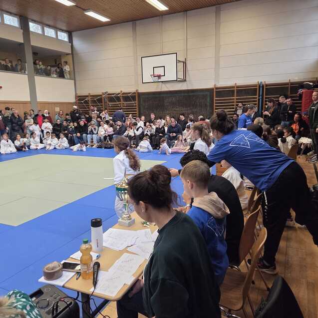 Ein Kampfsportturnier in einer Halle mit Zuschauern, K&auml;mpfern auf einer Matte und einer Wettkampf-Umgebung.