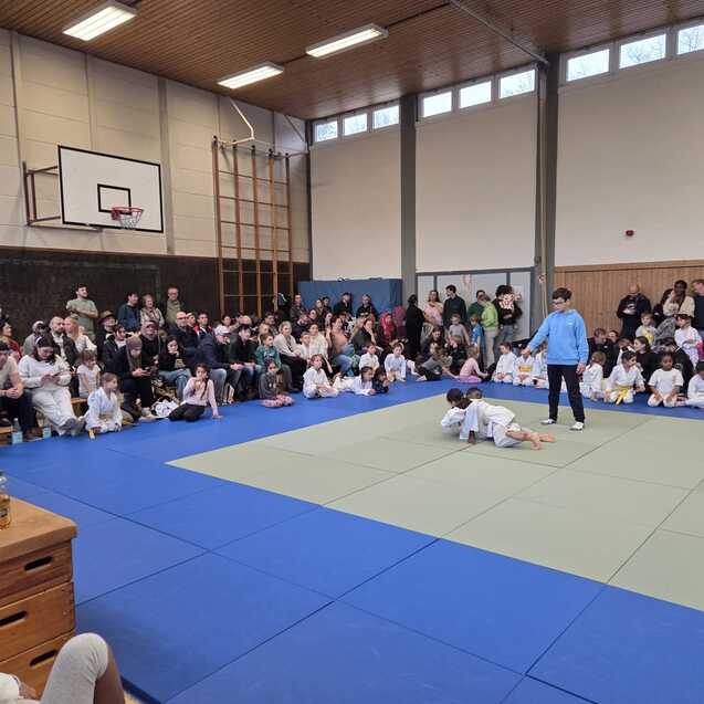 Judo-Vorf&uuml;hrung mit Teilnehmern auf einer Matte, umgeben von Zuschauern in einer Turnhalle.