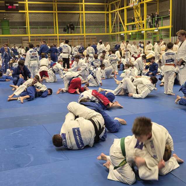 Judo-Training mit vielen Sportlern in Gis auf blauen Matten, die verschiedene Techniken &uuml;ben.